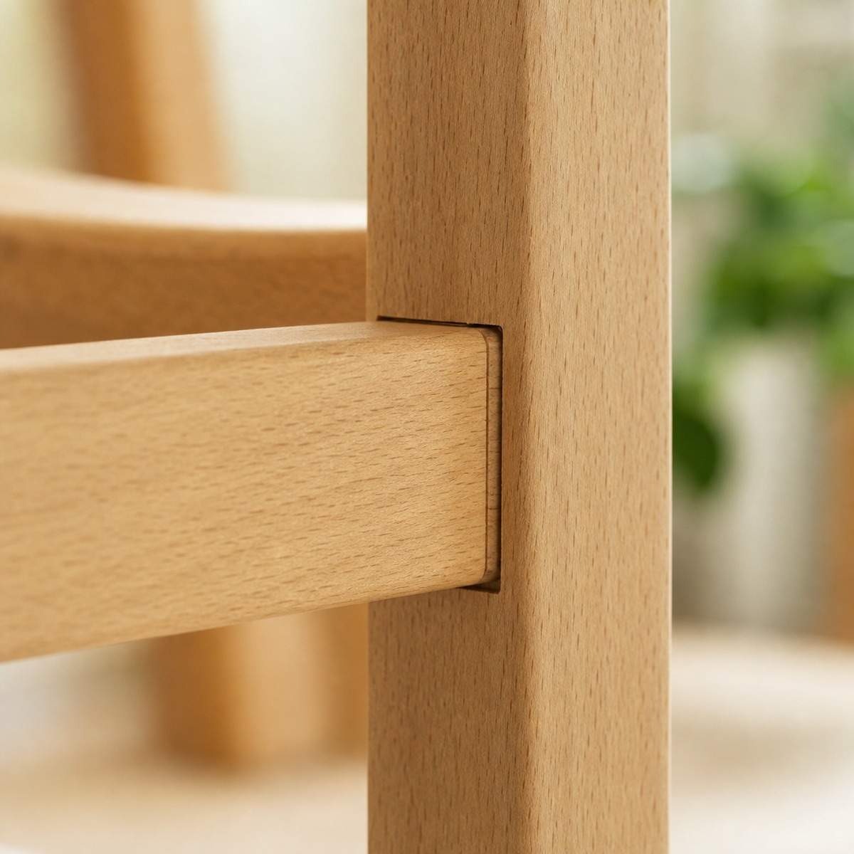 Close-up of a mortise and tenon joint on a chair leg