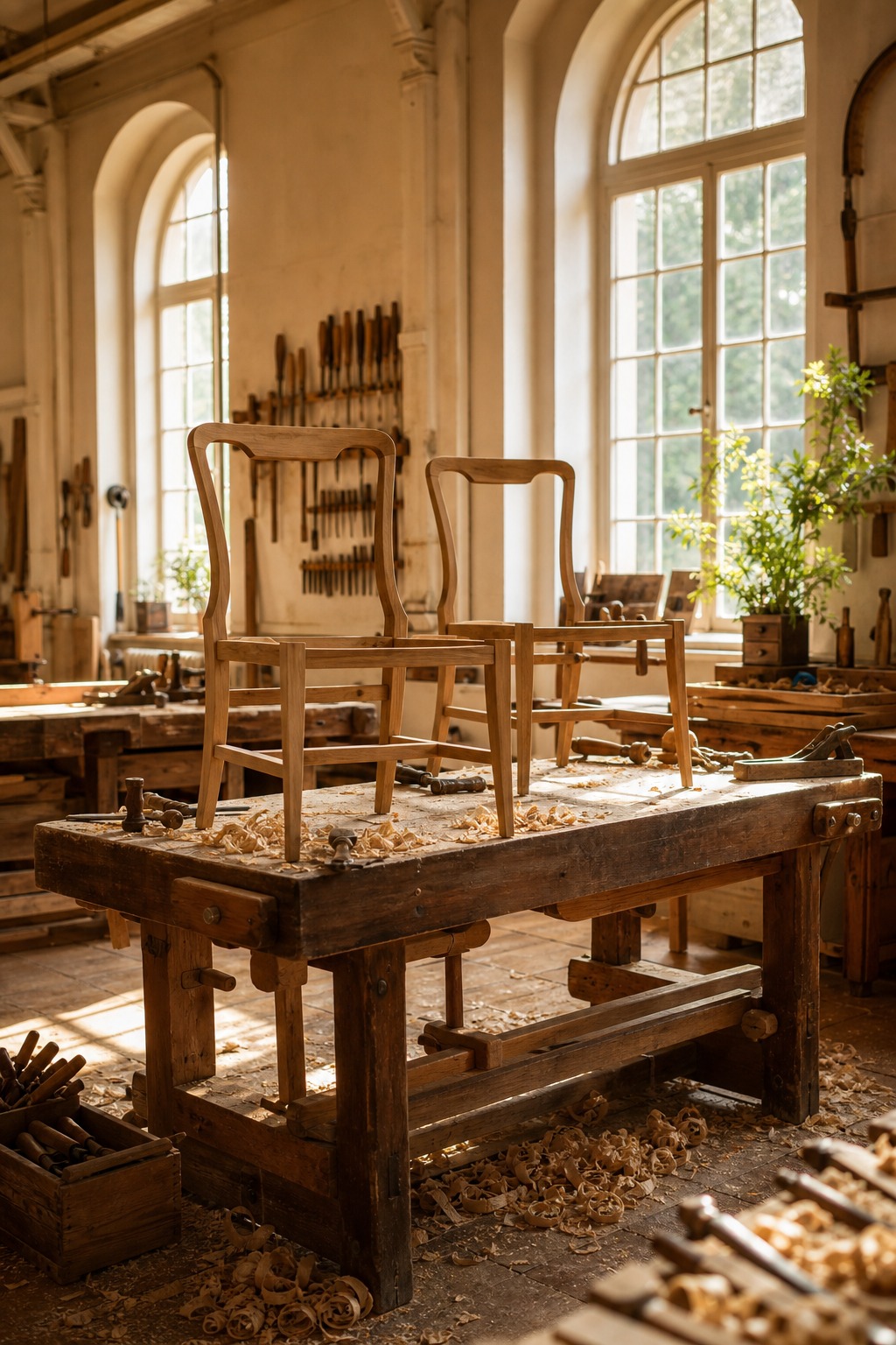 Carpenter's bench with wooden chair frames in warm workshop light