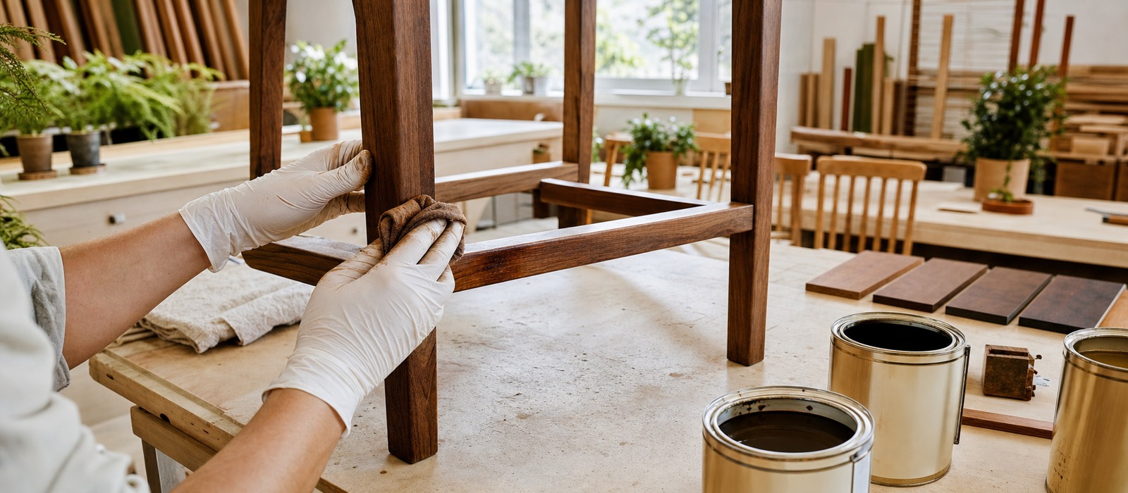 Craftsman hand-finishing a wooden chair frame